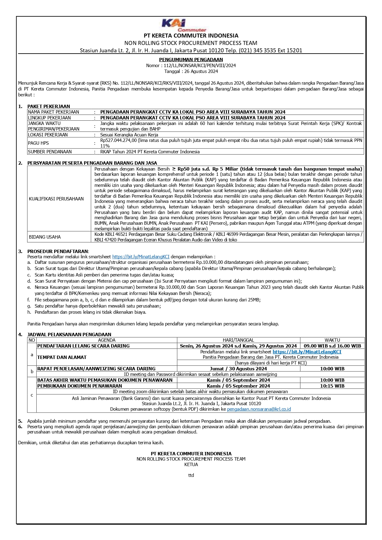 2 pengumuman 112 pengadaan perangkat cctv ka lokal pso area viii surabaya tahun 2024 page 0001